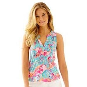 Lily Pulitzer Sleeveless V Neck Essie Top in Peel & Eat Multi Flamingo Print XS